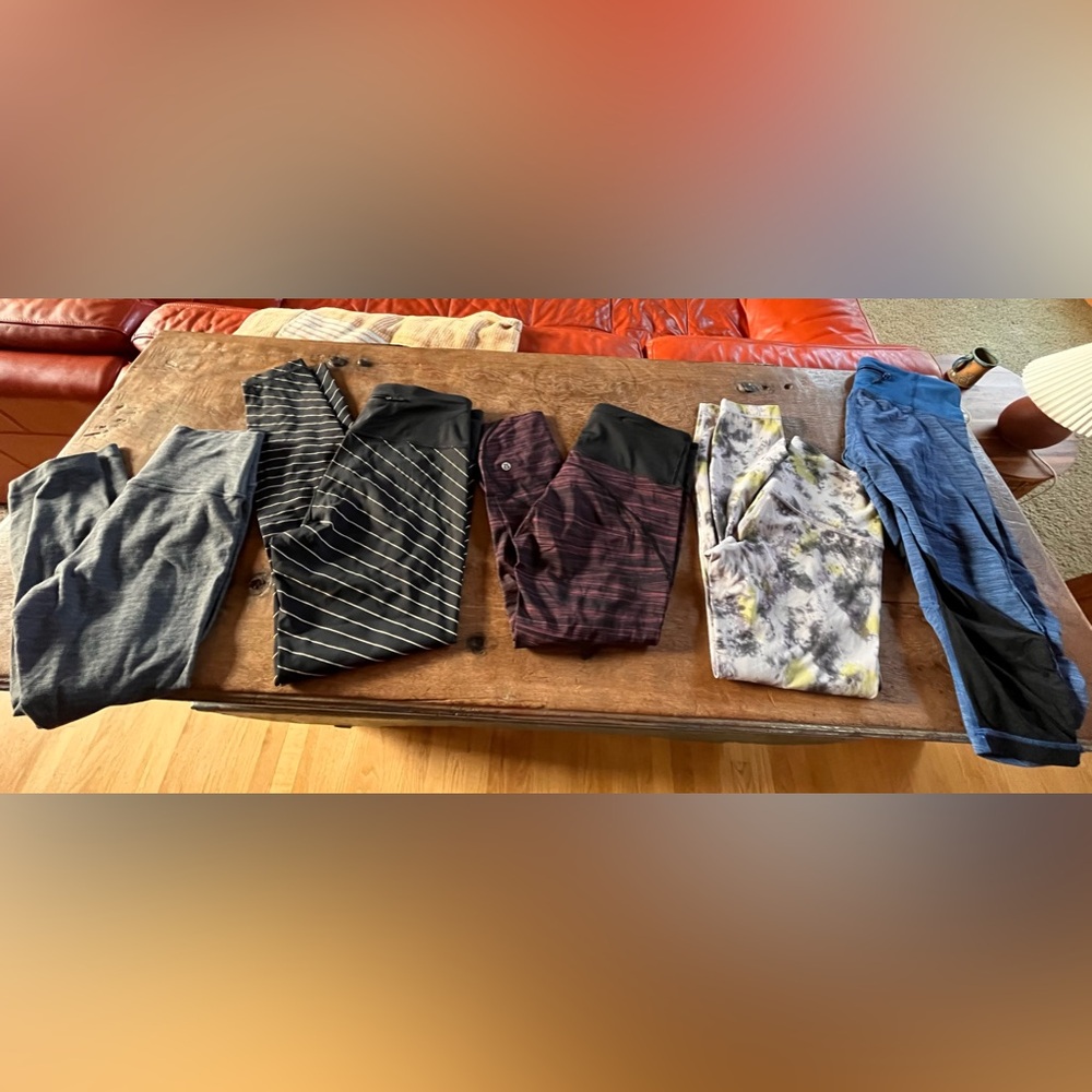 Lululemon Lot of five crops/leggings. Fair condition. Size 6 and 8.